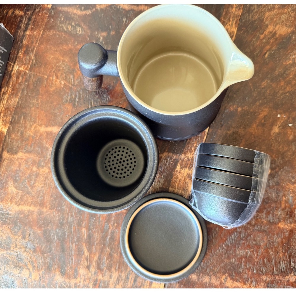 Brown & black mountain Ceramic Tea Set w/ 4 cups Wood Handle Japanese Wabi Sabi